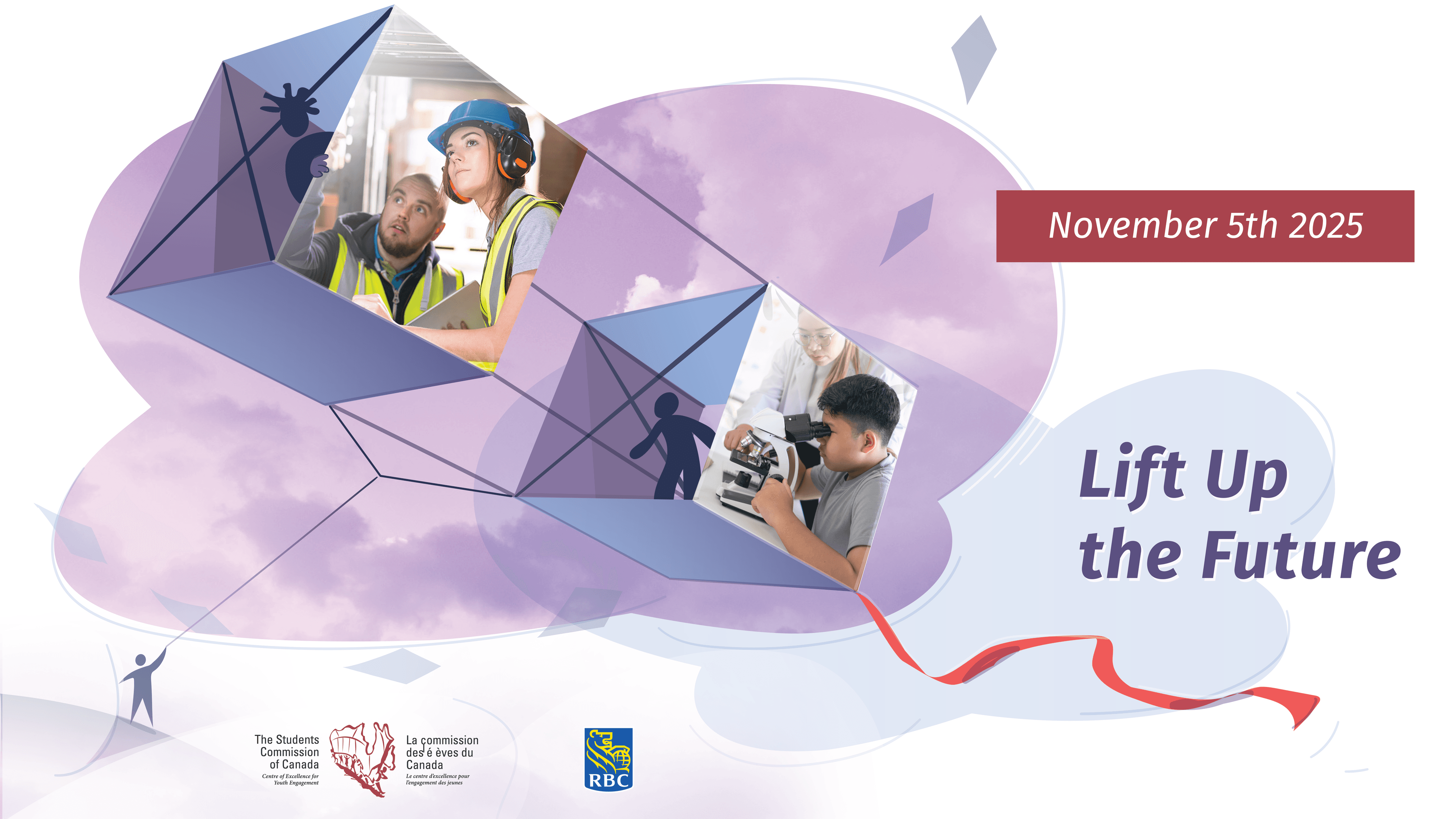 Banner for Take Our Kids to Work Day 2025, featuring students in the workplace and the theme ‘Lift Up the Future’ with the event date November 5, 2025. Presented by Students Commission of Canada and RBC.
