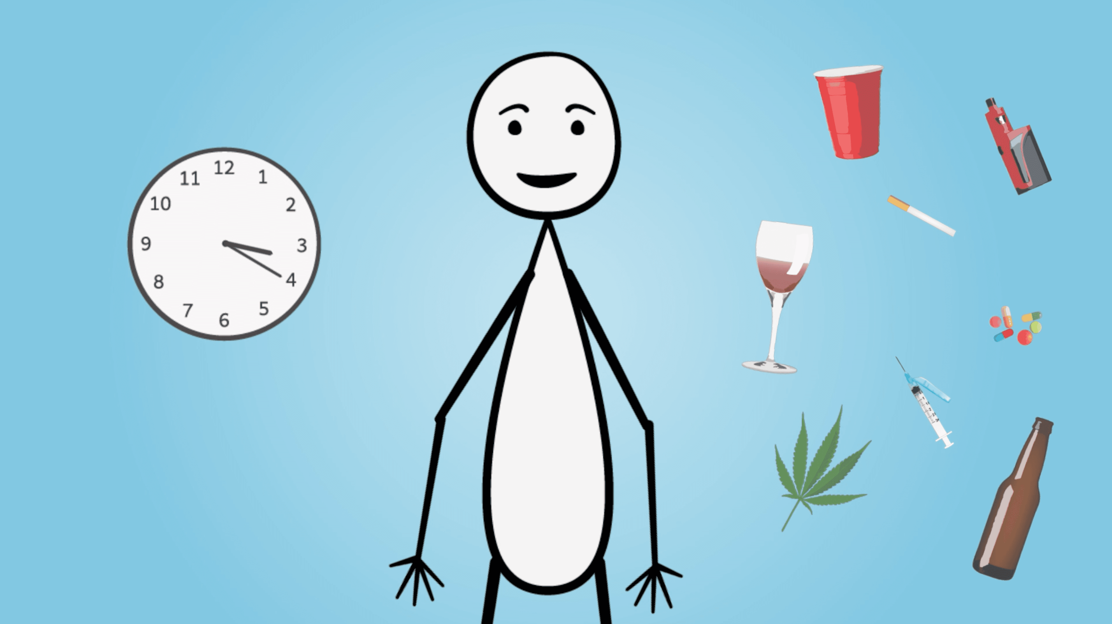 Illustration of a stick figure smiling against a light blue background, surrounded by various substances and items, including a clock, drinks, smoking materials, a syringe, and marijuana leaves.