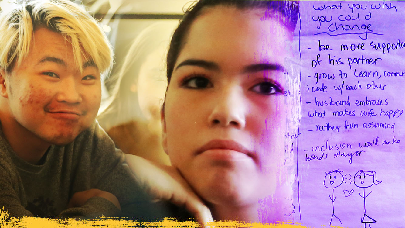 Collage featuring two young individuals, one smiling and a serious expression, alongside handwritten notes outlining personal wishes for change, focusing on support, communication, and inclusion.