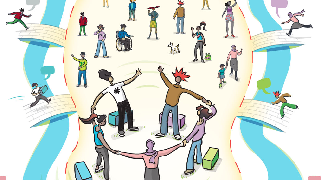 Artistic collage featuring portraits of diverse individuals, showcasing different expressions and styles, with speech bubbles emphasizing communication and dialogue